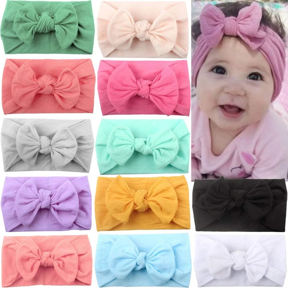12 Colors Nylon Stretchy Soft Knot Baby Girl Headbands with Hair Bows Head Wrap for Newborn Baby Girls Infant Toddlers Kids